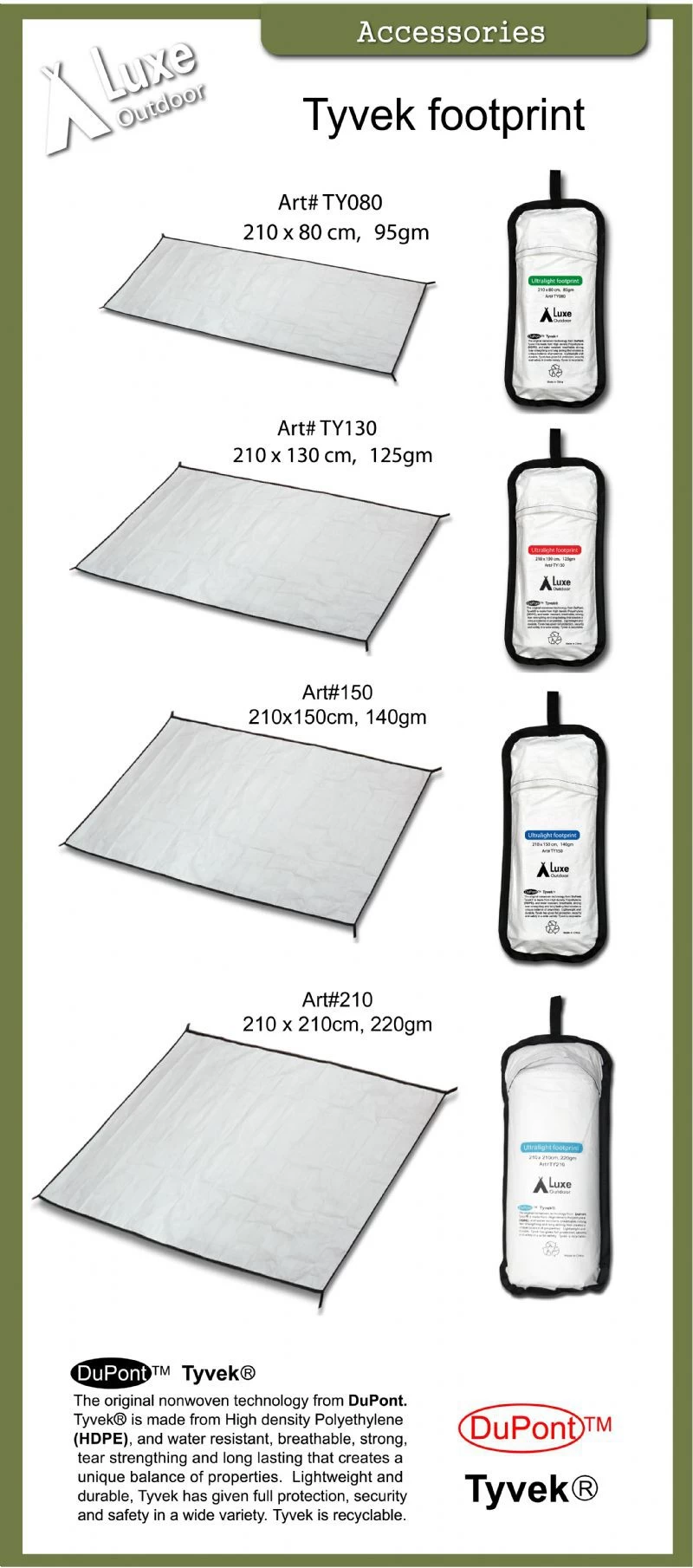 Luxe Outdoor Tyvek Ultralight Footprint 210 x 210 cm Luxe Outdoor Tyvek Ultralight Footprint 210 X 210 Cm -Survie en plein air tapis de sol footprint tyvek luxe outdoor